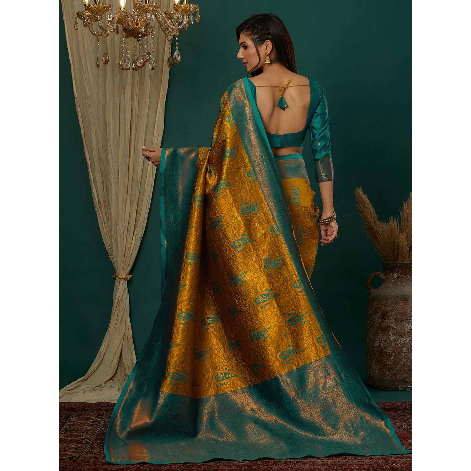 Satrani Women's Silk Blend Weaving Banarasi Saree With Unstitched Blouse Piece (4121S2913N_Mustard Yellow & Teal Green)