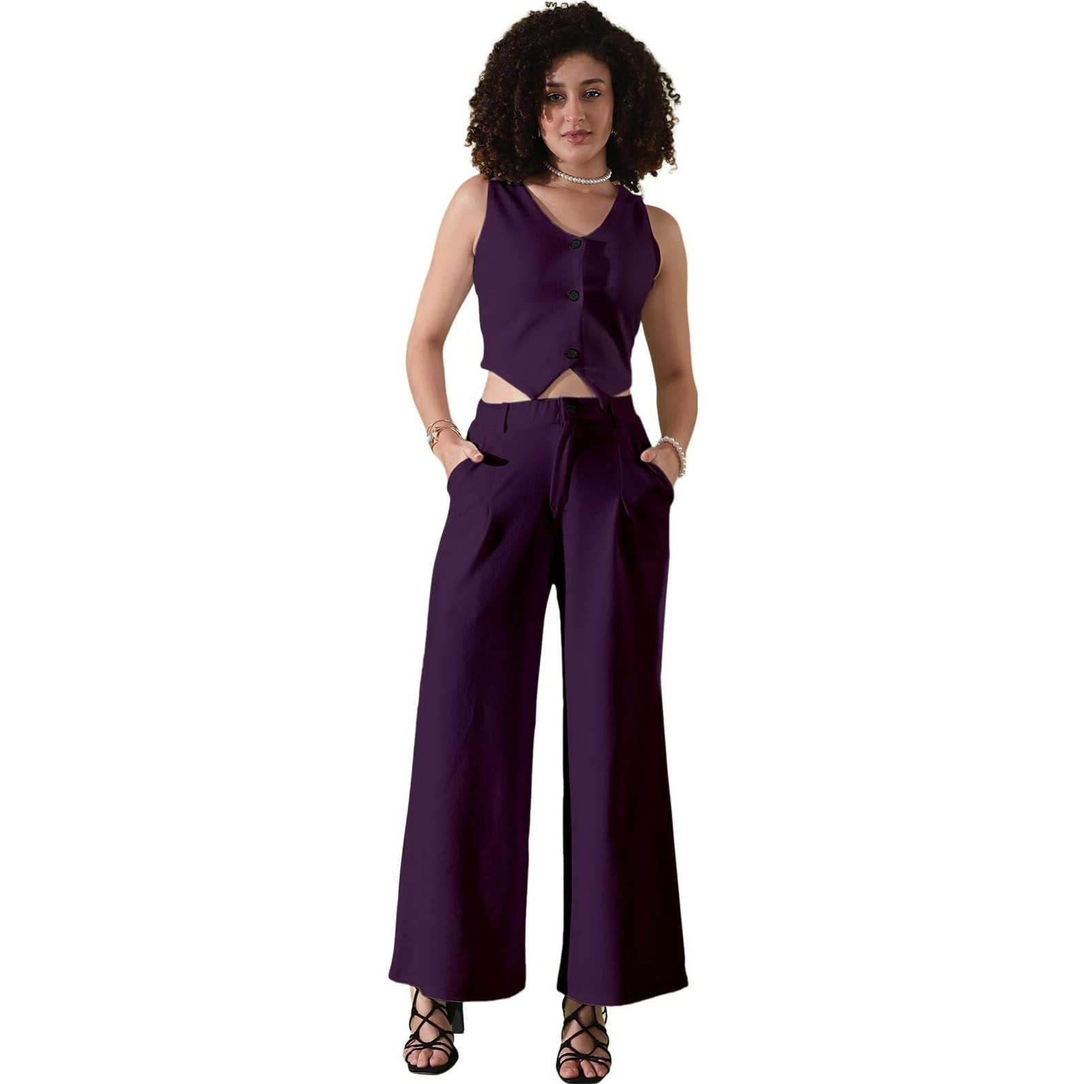 Selvia Women's Co-Ords Set|Lycra V-Neck Solid Crop Top And Pant Set|Formal Co-Ords Set For Women|Two Piece Co-Ord Set|Top & Trouser Set(640Ctk11282N-M_Deep Purple)