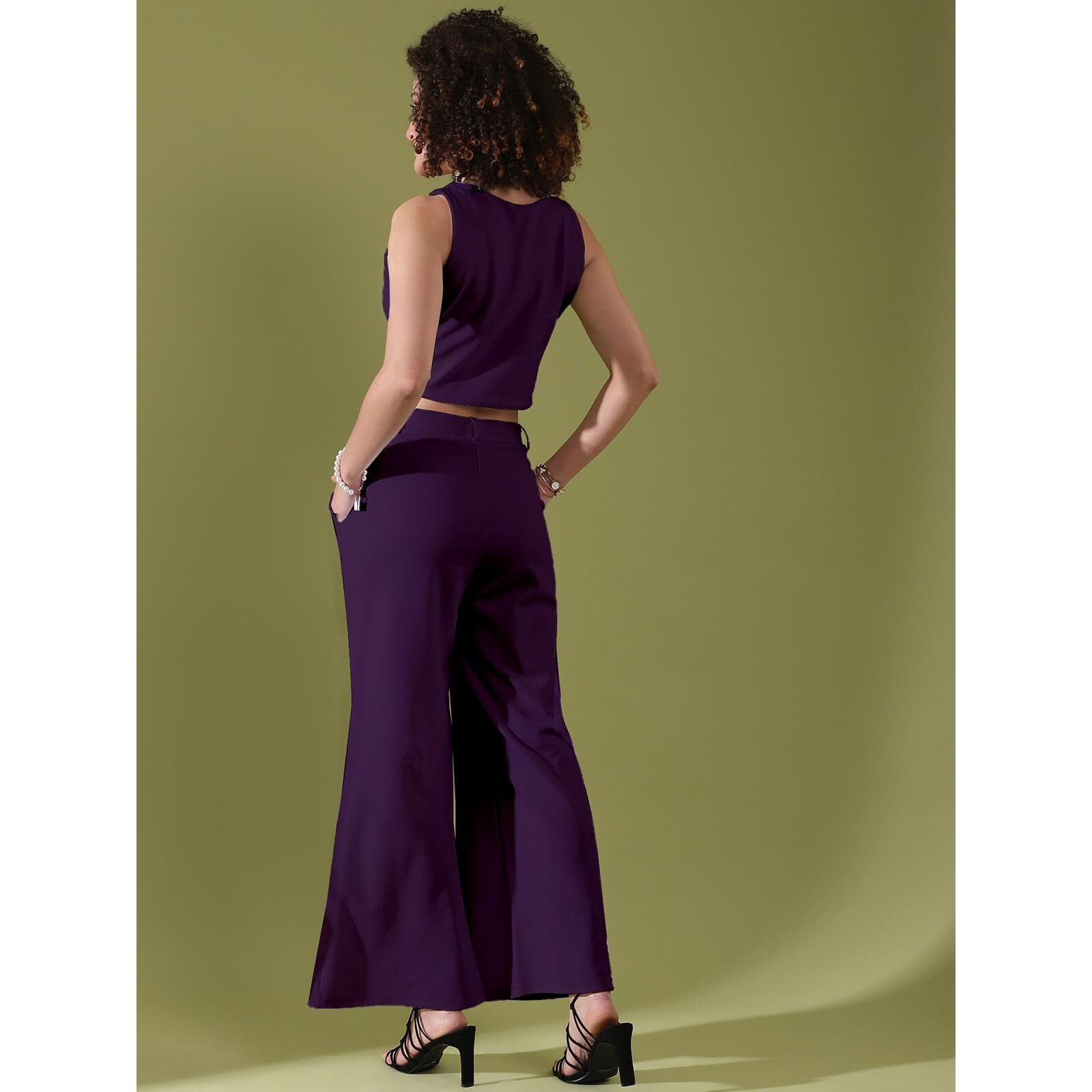 Selvia Women's Co-Ords Set|Lycra V-Neck Solid Crop Top And Pant Set|Formal Co-Ords Set For Women|Two Piece Co-Ord Set|Top & Trouser Set(640Ctk11282N-M_Deep Purple)