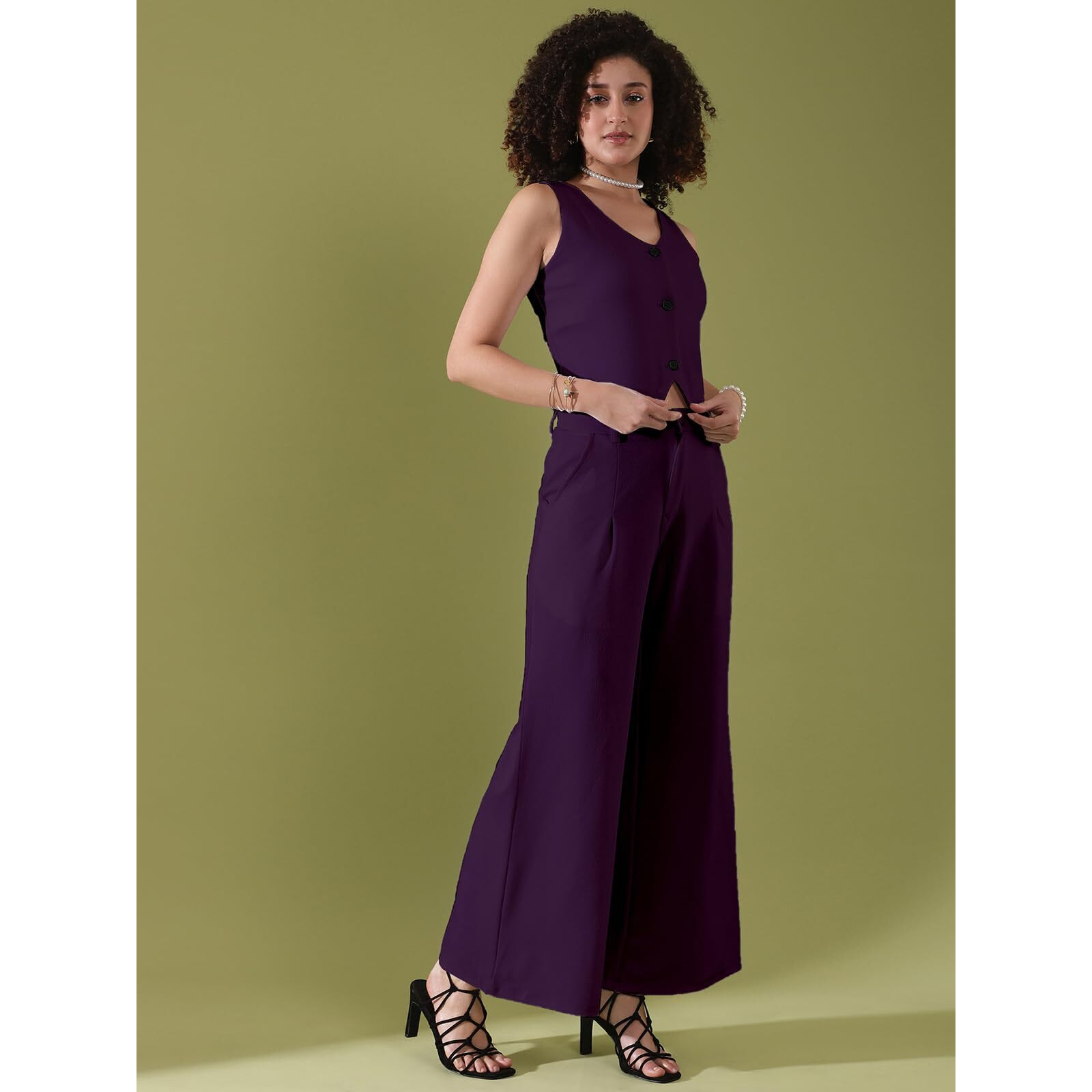 Selvia Women's Co-Ords Set|Lycra V-Neck Solid Crop Top And Pant Set|Formal Co-Ords Set For Women|Two Piece Co-Ord Set|Top & Trouser Set(640Ctk11282N-M_Deep Purple)