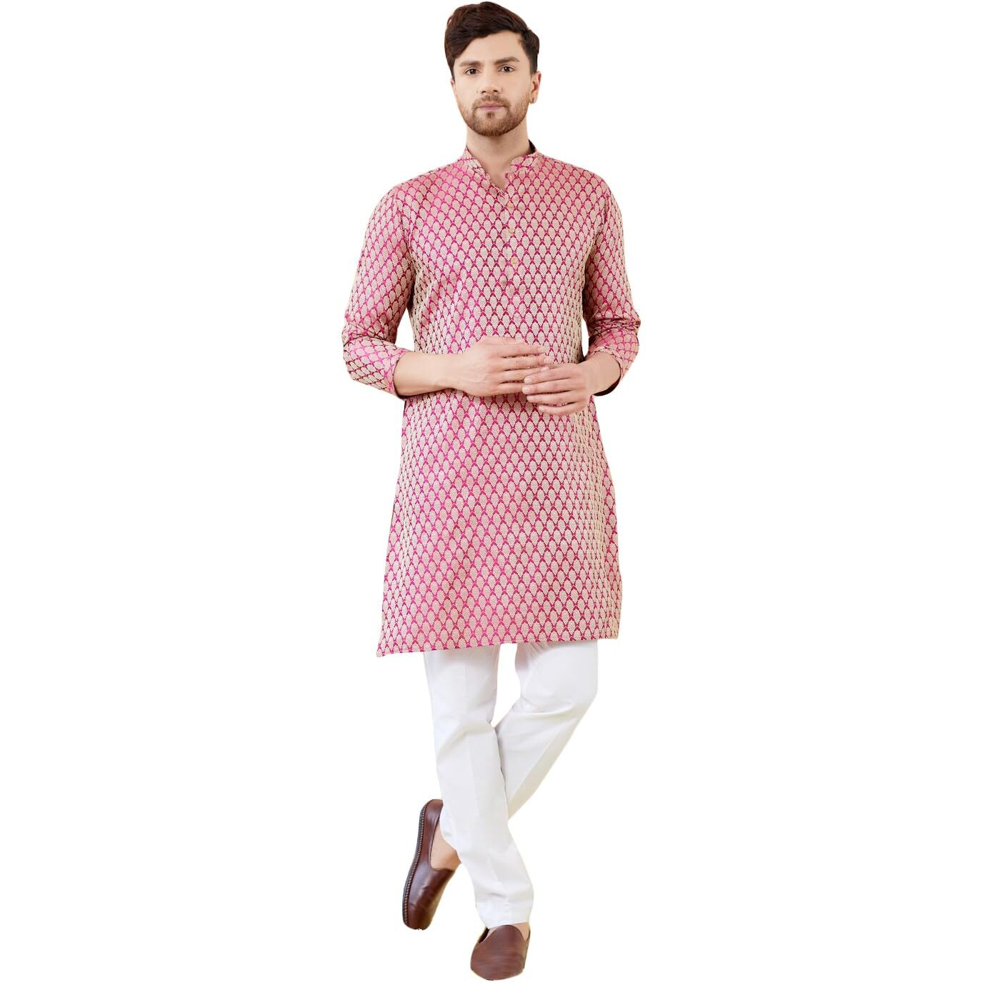 See Designs Men Long Sleeve Side Slit Mandarin Collar Pink Ethnic Motifs Silk Jacquard Woven Design Straight Kurta - Bnrskt724M