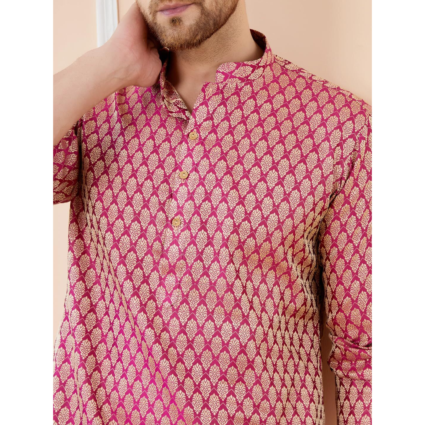 See Designs Men Long Sleeve Side Slit Mandarin Collar Pink Ethnic Motifs Silk Jacquard Woven Design Straight Kurta - Bnrskt724M