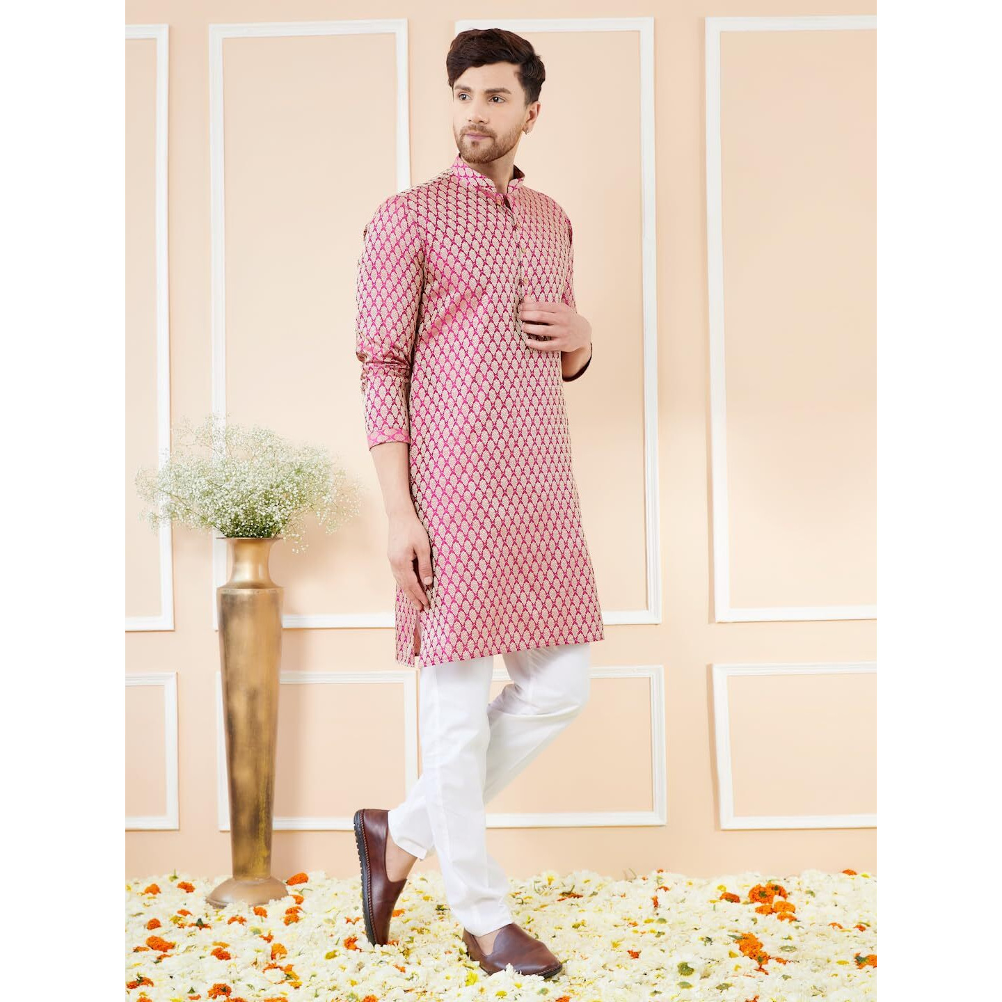See Designs Men Long Sleeve Side Slit Mandarin Collar Pink Ethnic Motifs Silk Jacquard Woven Design Straight Kurta - Bnrskt724M