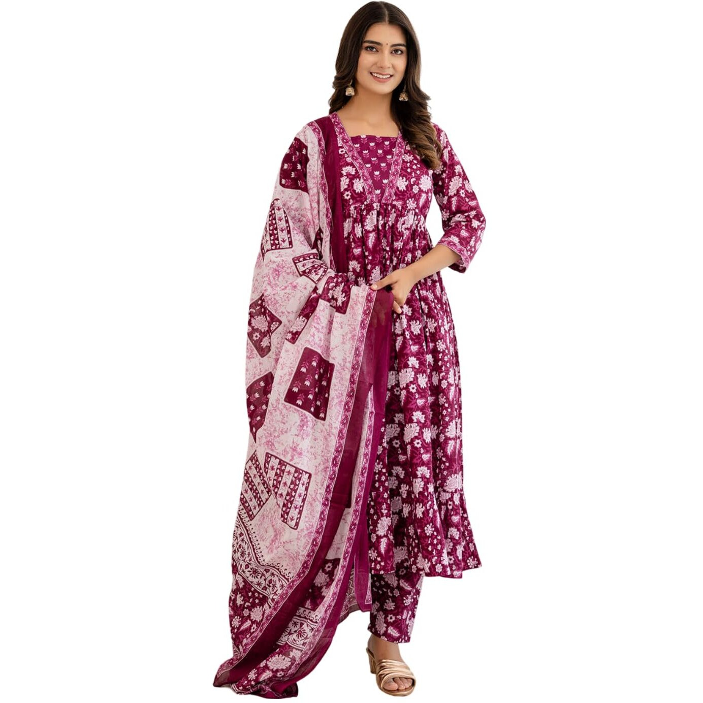 Shienzy Cotton Blend Square Neck Kurta Set With Dupatta For Women | Women Kurta Sets With Dupatta (1609-1610) (In, Alpha, L, Regular, Purple)