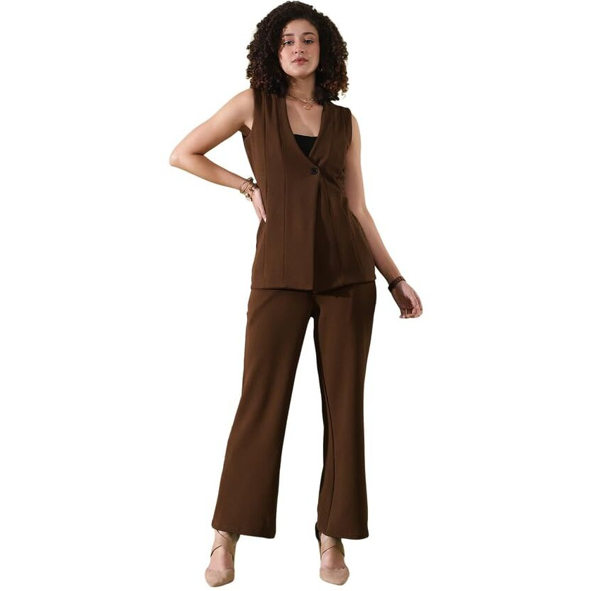 Selvia Women's Co-Ords Set|Sleeveless Lycra V-Neck Co-Ords Set|Top & Trouser Co-Ords Set|2 Piece Co-Ord Set (646Ctk11302N-L_Brown)