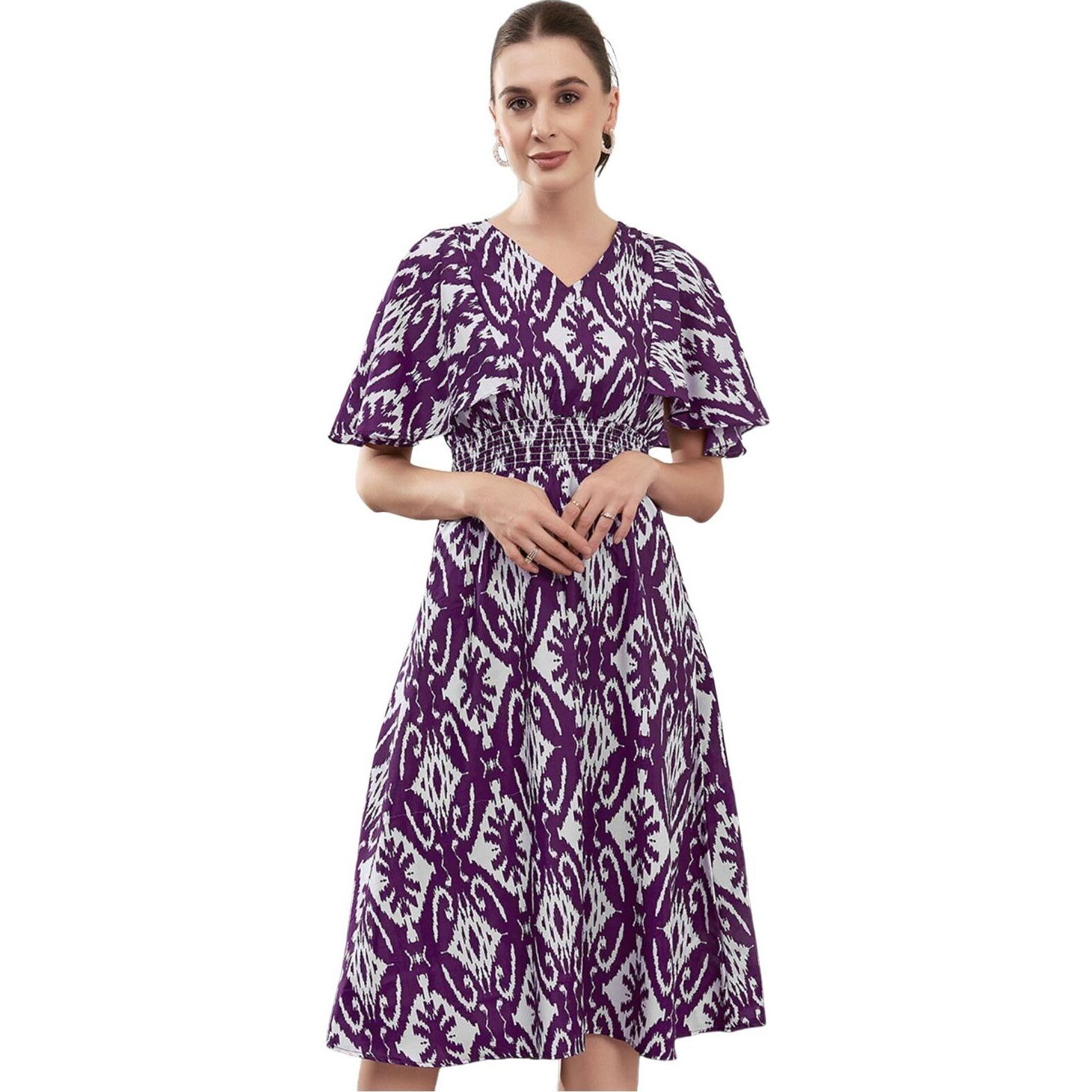 Selvia Western Dress For Women | Printed Crepe Western Dress For Women | Fit & Flare Dress For Women | One Piece Dress For Women (637Dtk7715N-S_Dark Purple & White)