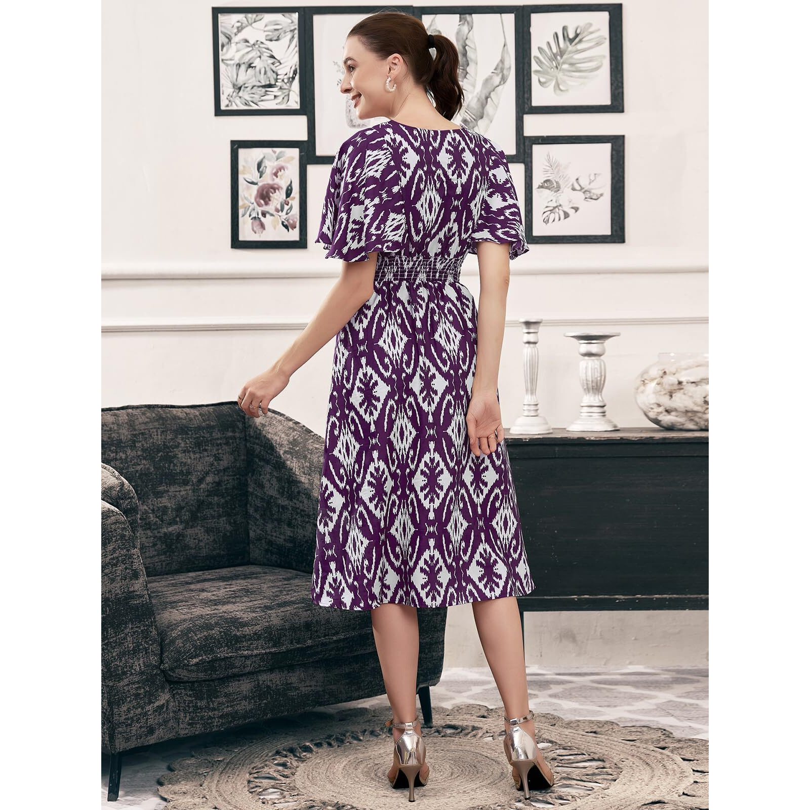 Selvia Western Dress For Women | Printed Crepe Western Dress For Women | Fit & Flare Dress For Women | One Piece Dress For Women (637Dtk7715N-S_Dark Purple & White)