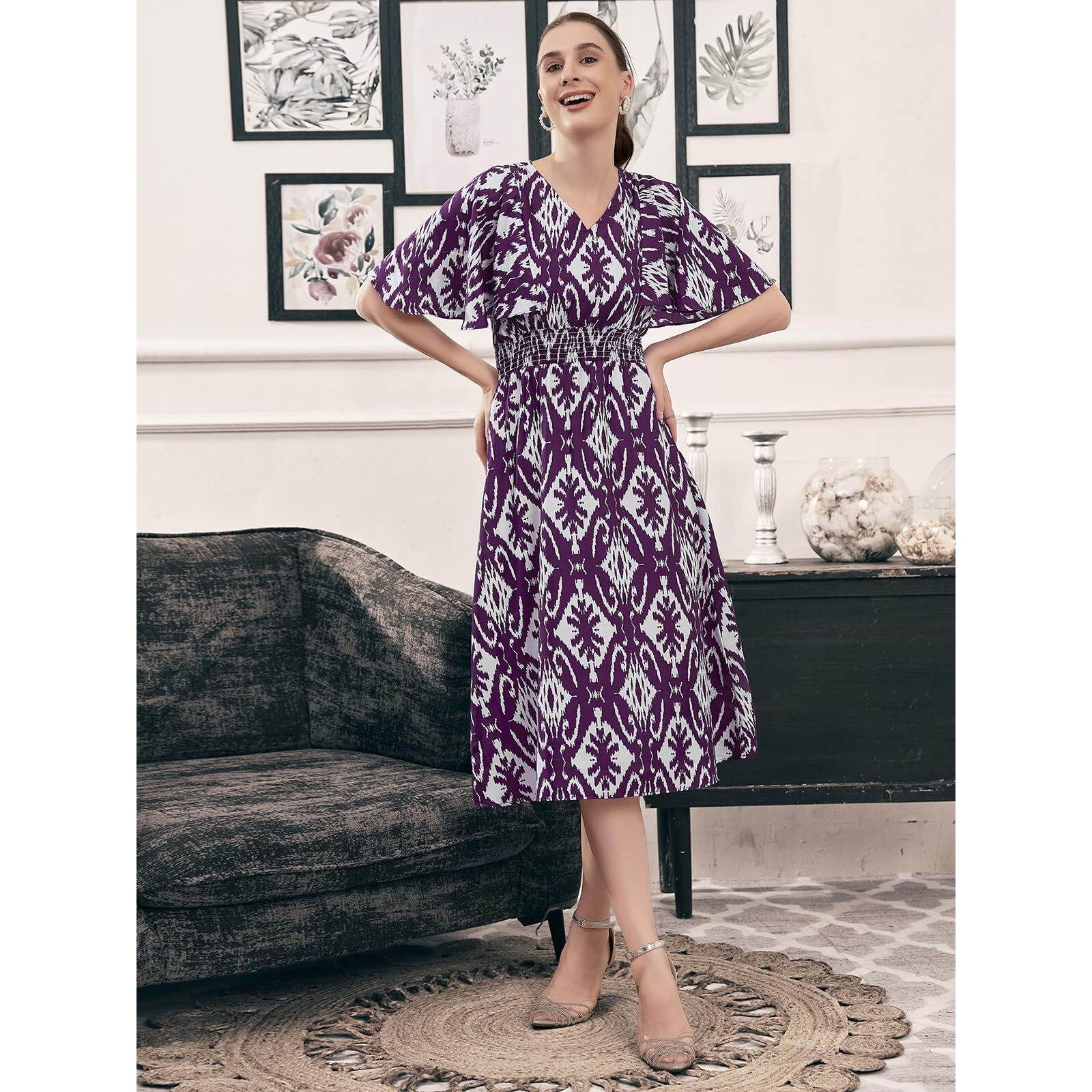 Selvia Western Dress For Women | Printed Crepe Western Dress For Women | Fit & Flare Dress For Women | One Piece Dress For Women (637Dtk7715N-S_Dark Purple & White)