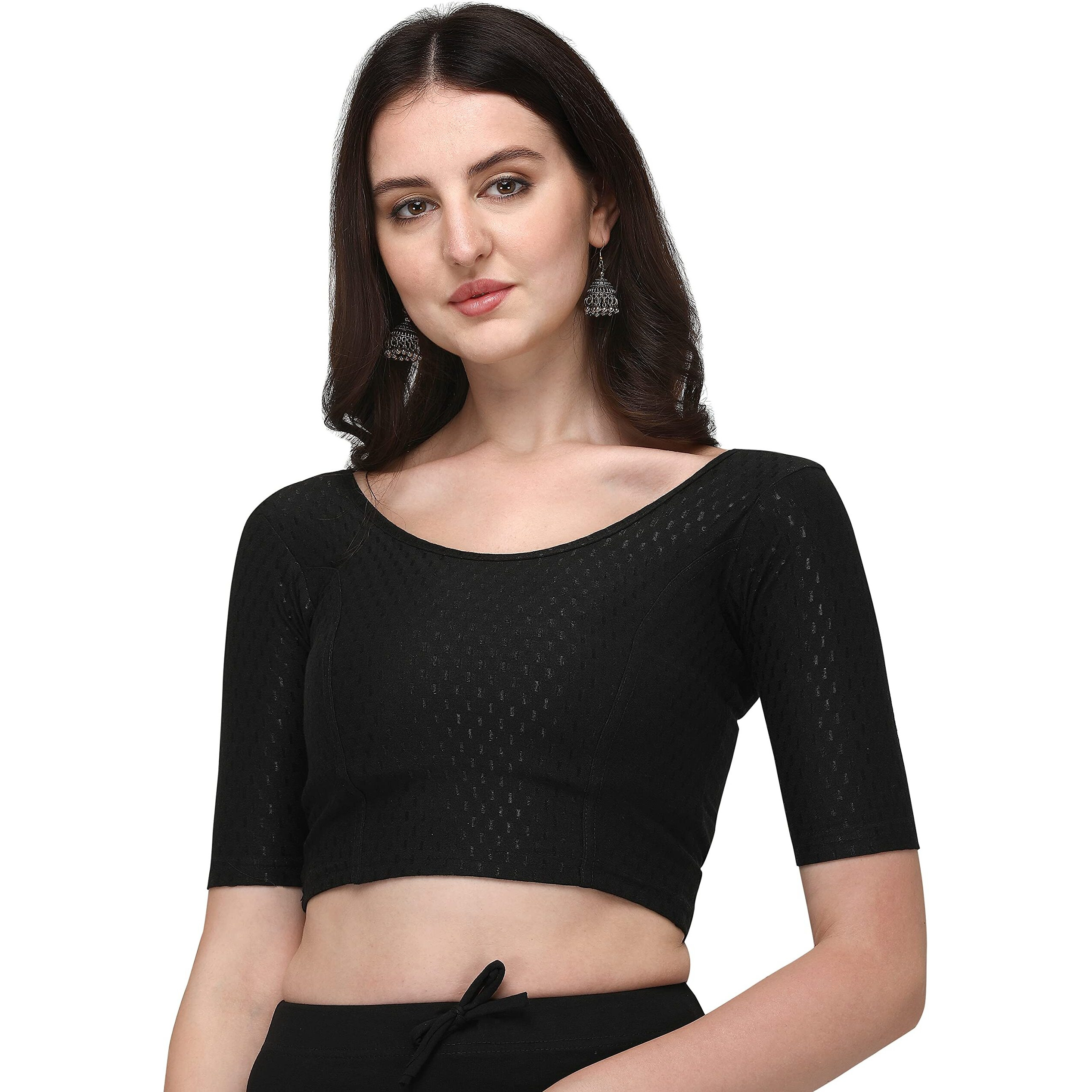 Shiv Textiles Round Neck Dobby Cotton Lycra Stretchable Elbow Sleeve Readymade Saree Blouse For Women Stylish (Blackpluse Size)