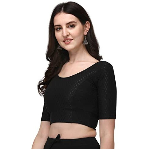 Shiv Textiles Round Neck Dobby Cotton Lycra Stretchable Elbow Sleeve Readymade Saree Blouse For Women Stylish (Blackpluse Size)
