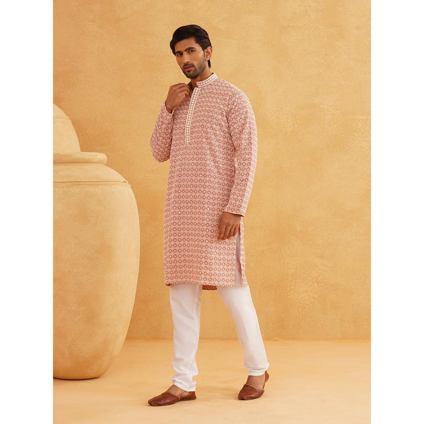Sojanya (Since 1958 Men's Cotton Gold Embroidered Sequinned Peach Kurta With White Churidar Pyjama