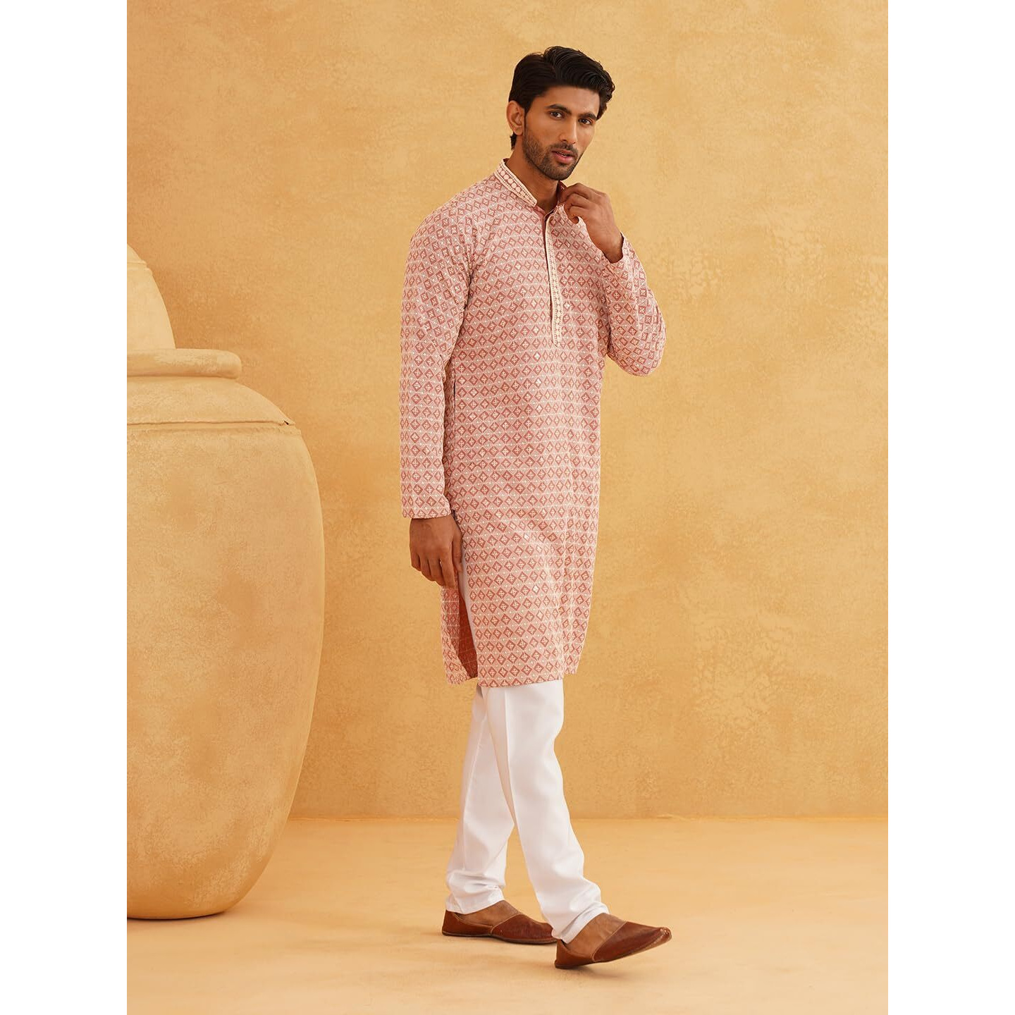 Sojanya (Since 1958 Men's Cotton Gold Embroidered Sequinned Peach Kurta With White Churidar Pyjama