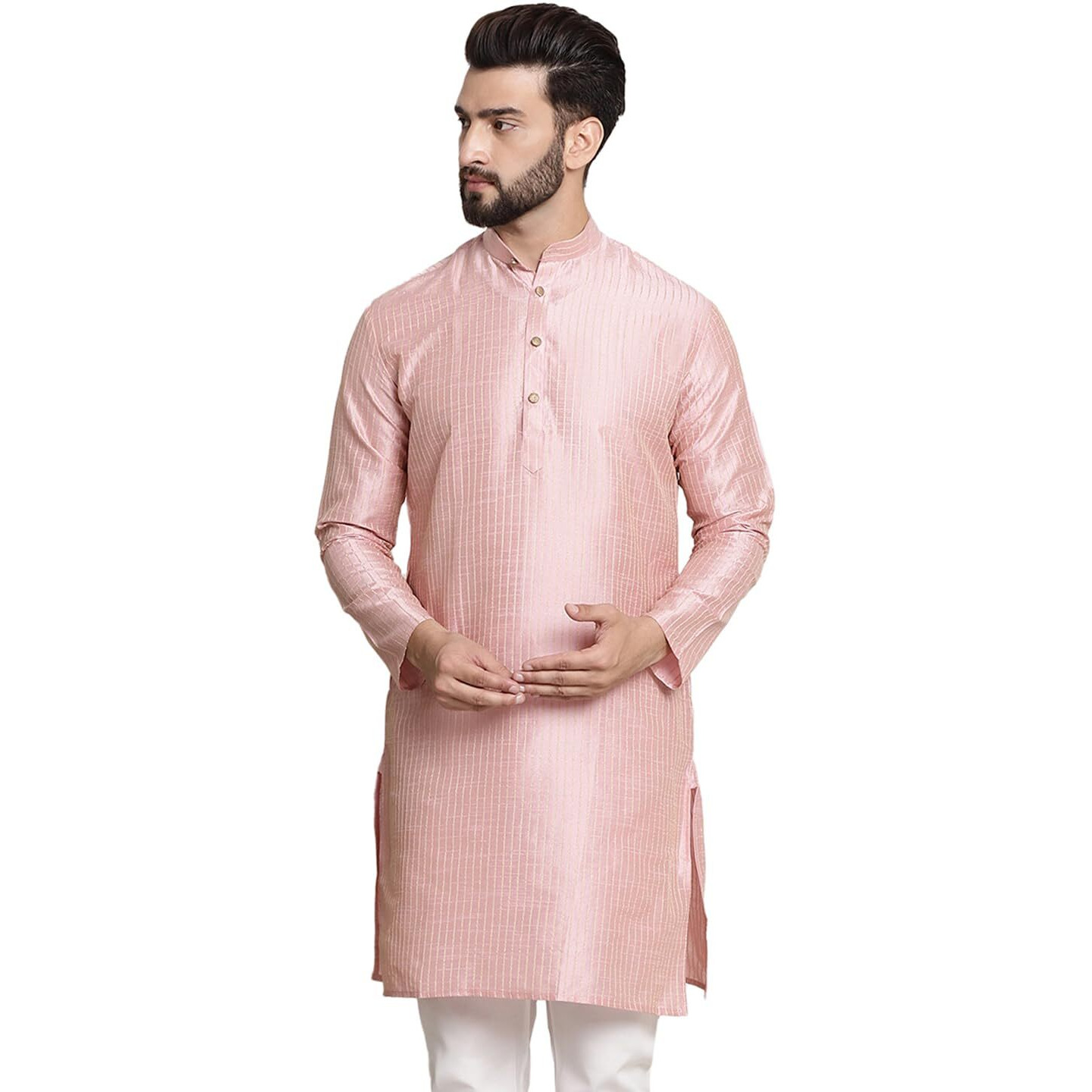 Sojanya (Since 1958 Men's Silk Blend Pink Color Striped Design Only Long Kurta