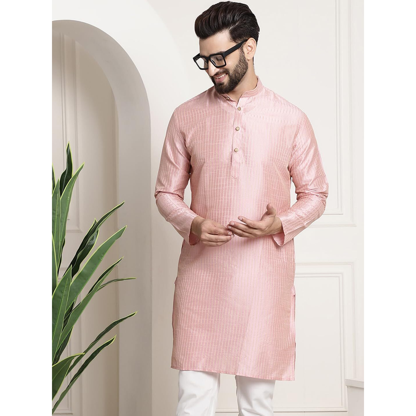 Sojanya (Since 1958 Men's Silk Blend Pink Color Striped Design Only Long Kurta