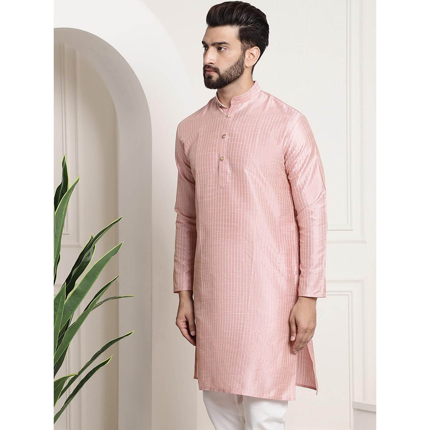 Sojanya (Since 1958 Men's Silk Blend Pink Color Striped Design Only Long Kurta