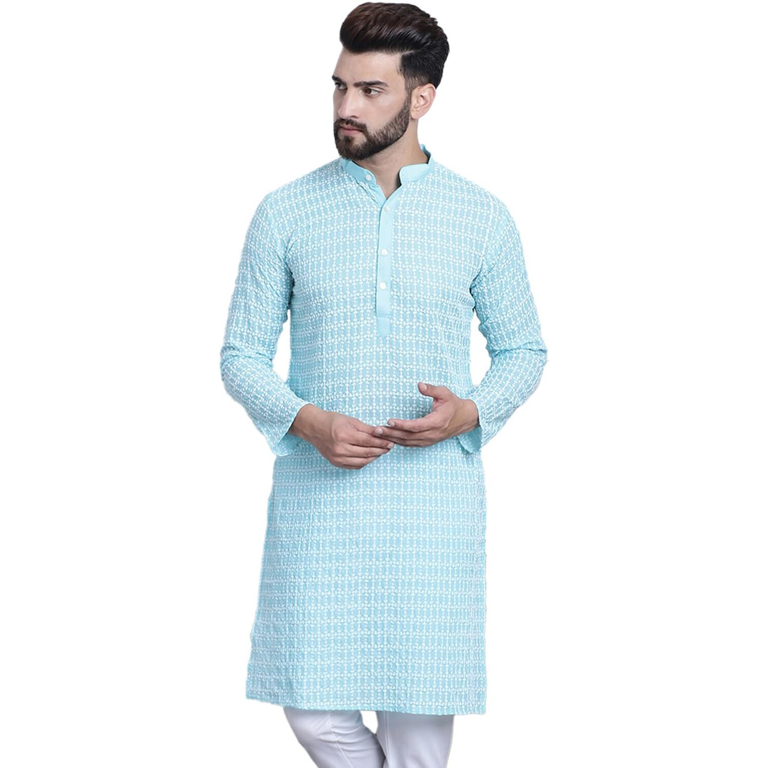 Sojanya (Since 1958 Men's Pure Cotton Blue With White Embroidery Only Long Kurta