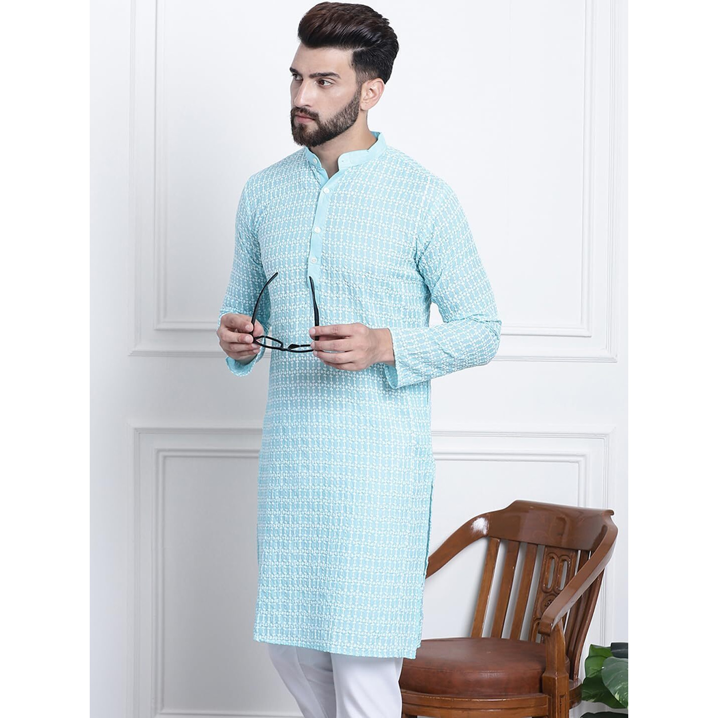 Sojanya (Since 1958 Men's Pure Cotton Blue With White Embroidery Only Long Kurta