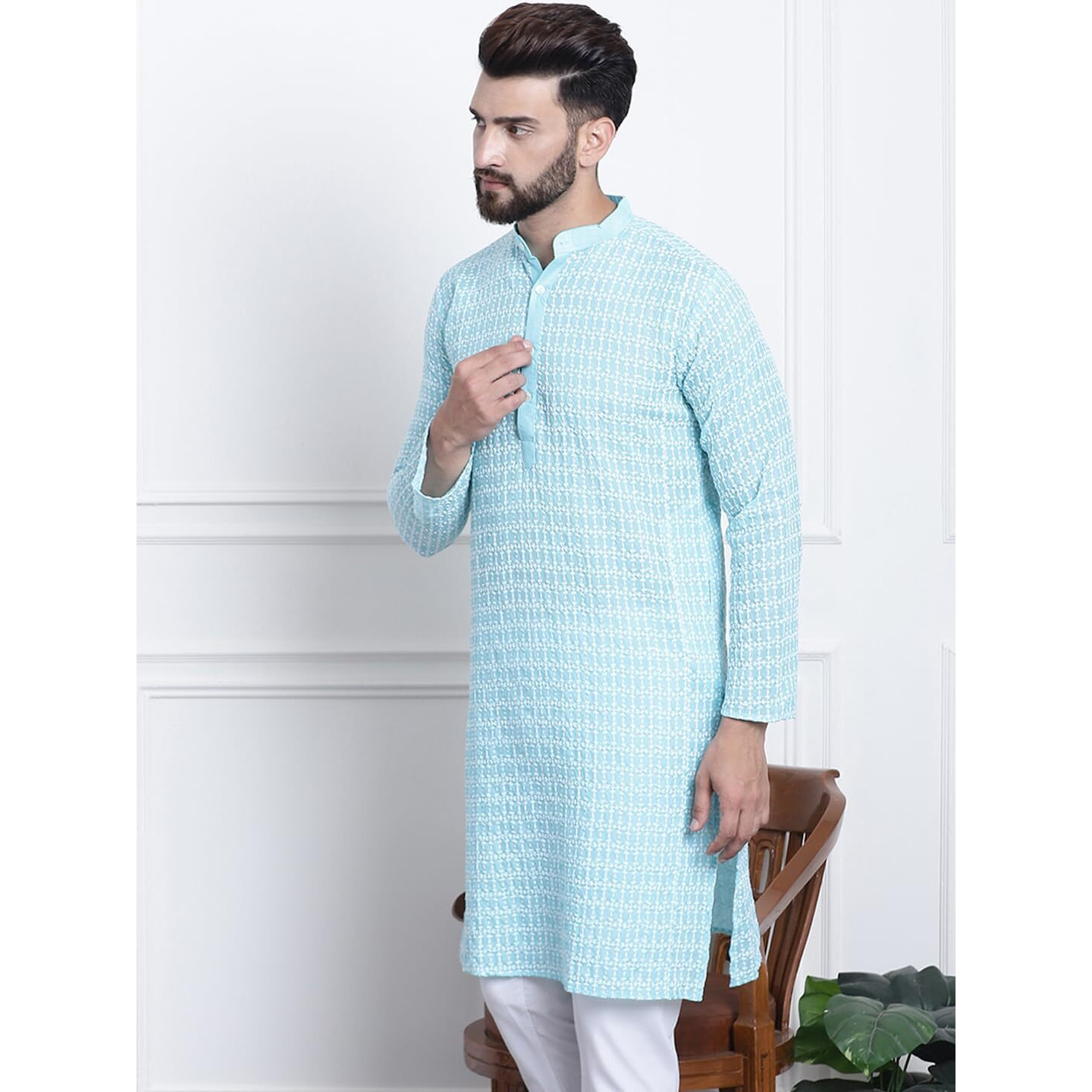 Sojanya (Since 1958 Men's Pure Cotton Blue With White Embroidery Only Long Kurta