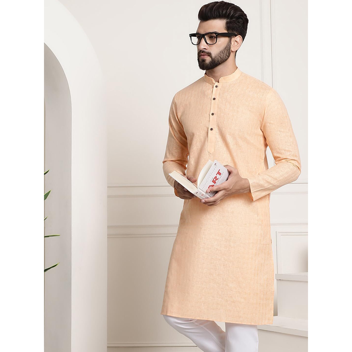 Sojanya (Since 1958 Men's Cotton Blend Peach Checked Only Kurta