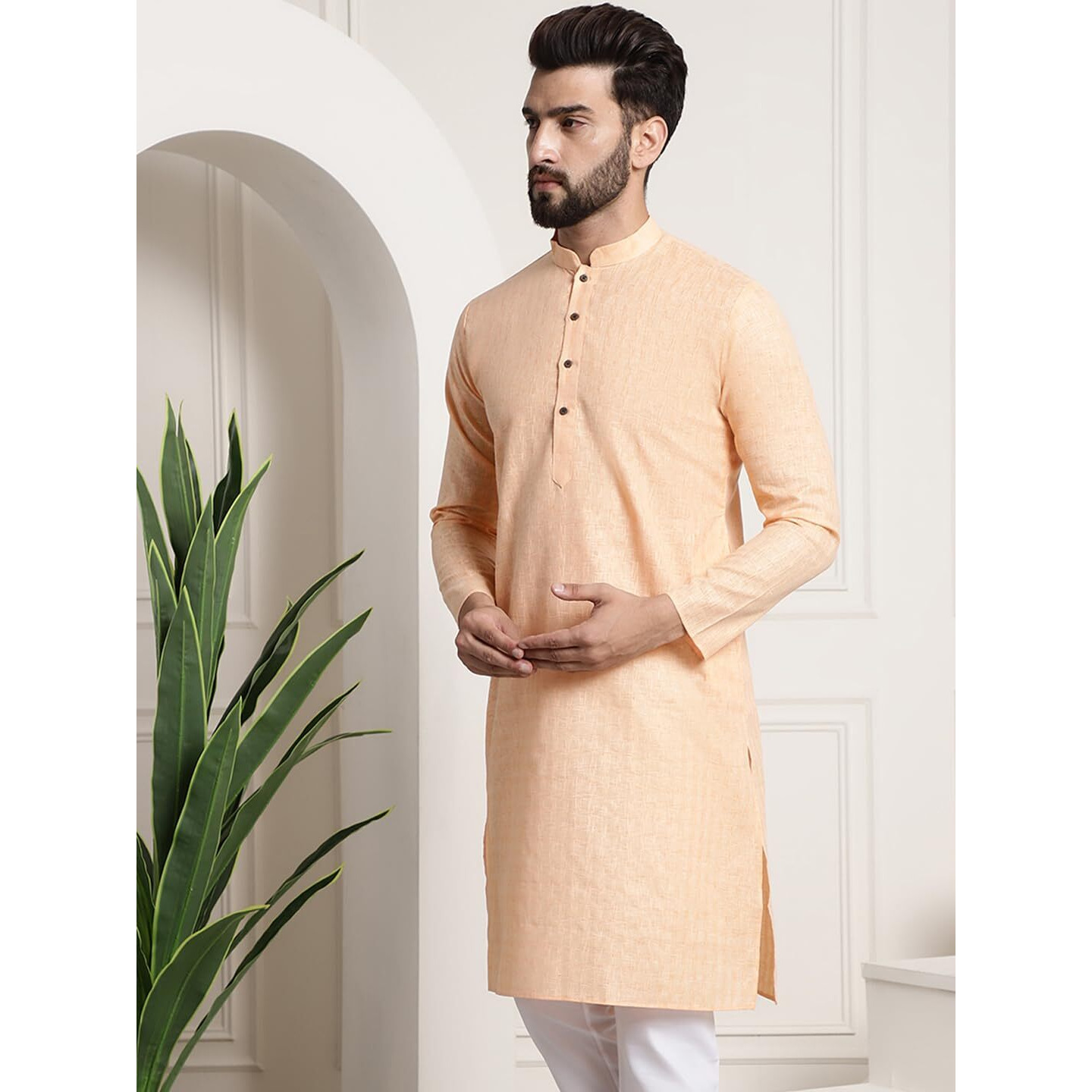Sojanya (Since 1958 Men's Cotton Blend Peach Checked Only Kurta