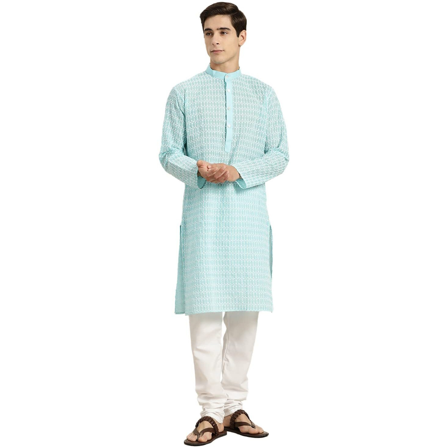 Sojanya (Since 1958 Men's Pure Cotton Blue Kurta With White Embroidery And White Pyjama Set