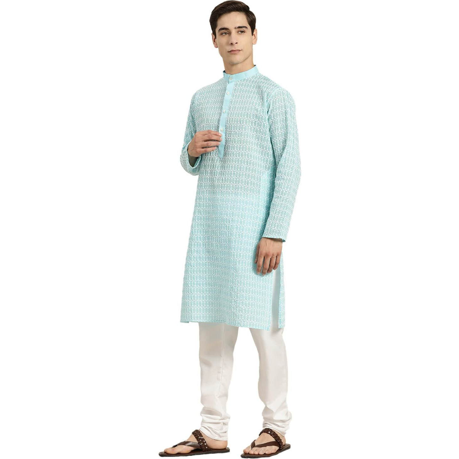 Sojanya (Since 1958 Men's Pure Cotton Blue Kurta With White Embroidery And White Pyjama Set