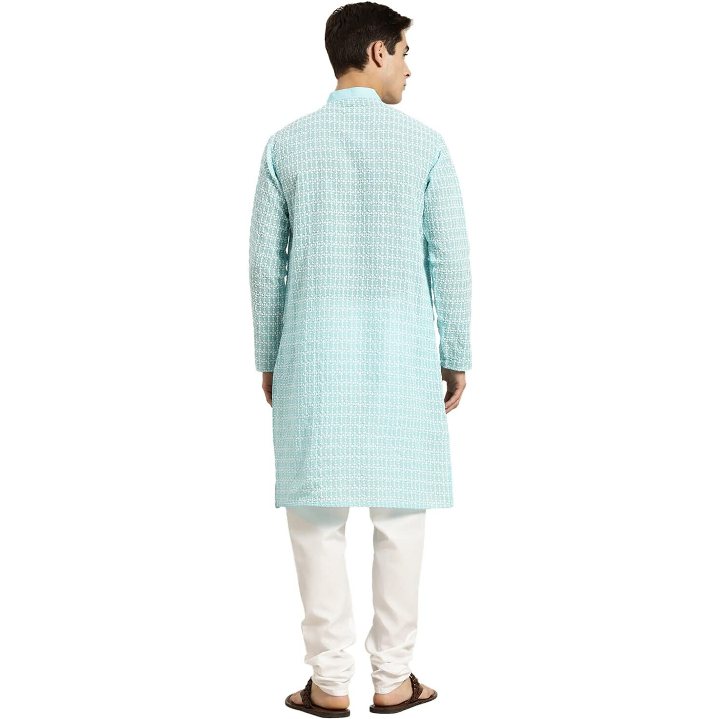 Sojanya (Since 1958 Men's Pure Cotton Blue Kurta With White Embroidery And White Pyjama Set