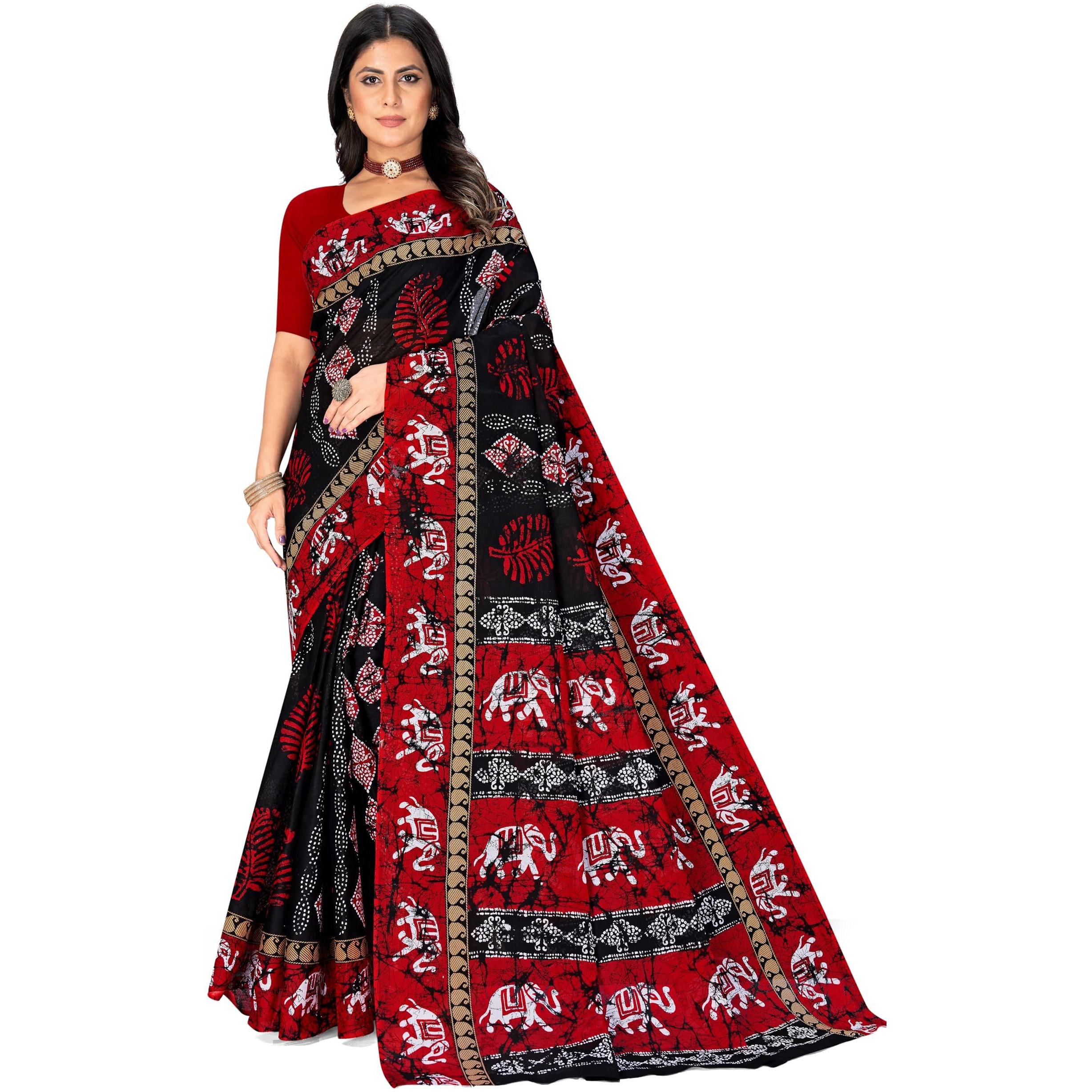 Tamaira Fashion Women's Batik Printed Pure Cotton Mulmul Saree Without Blouse Piece(11499_Black)