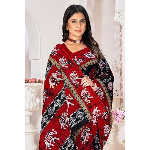 Tamaira Fashion Women's Batik Printed Pure Cotton Mulmul Saree Without Blouse Piece(11499_Black)