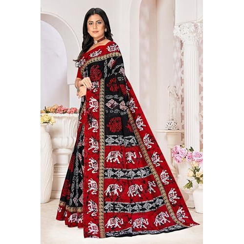 Tamaira Fashion Women's Batik Printed Pure Cotton Mulmul Saree Without Blouse Piece(11499_Black)