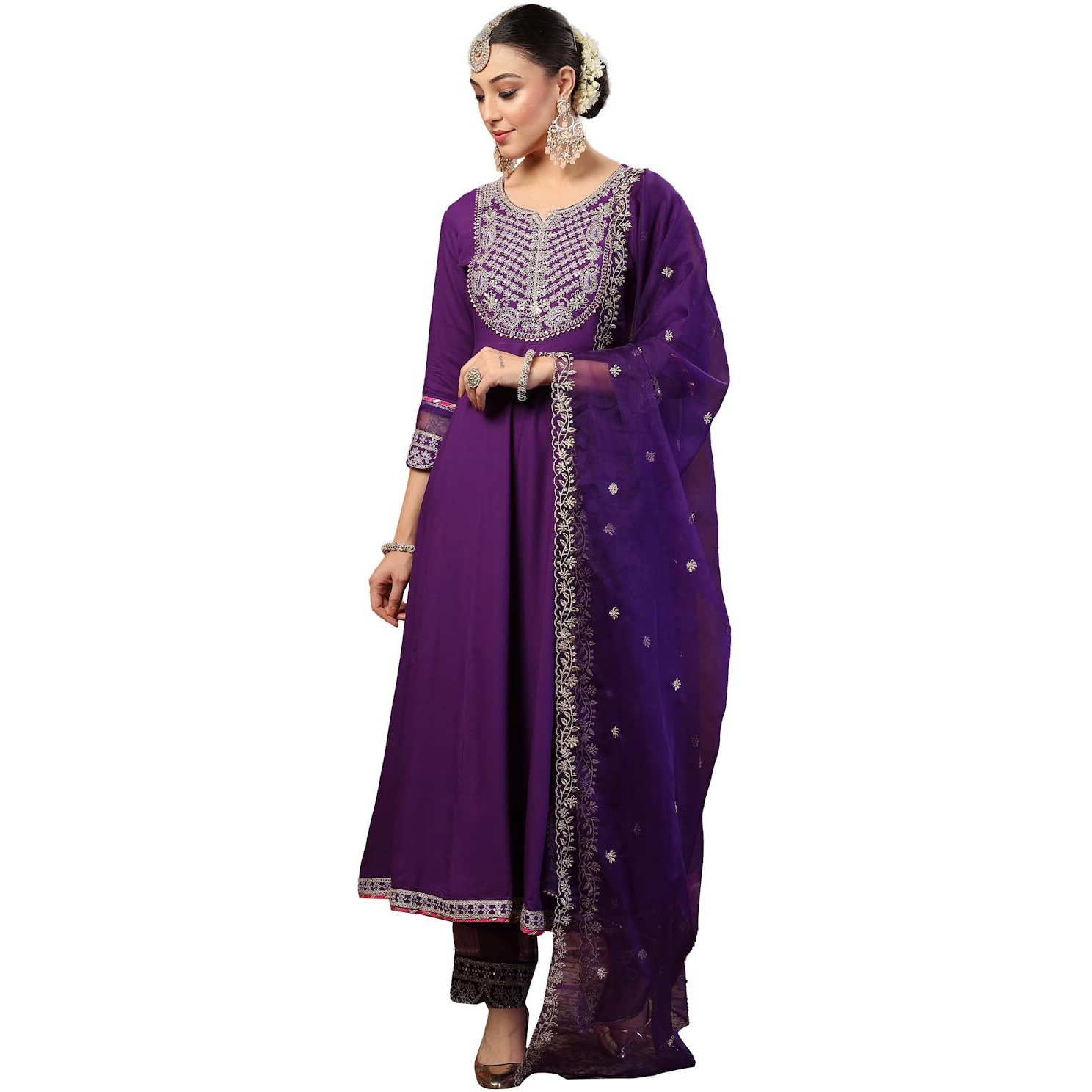 Stylum Women's Solid & Embroidered Rayon Anarkali Kurta Pant Dupatta Set (Kpdvoilqueen38_Violet, M)