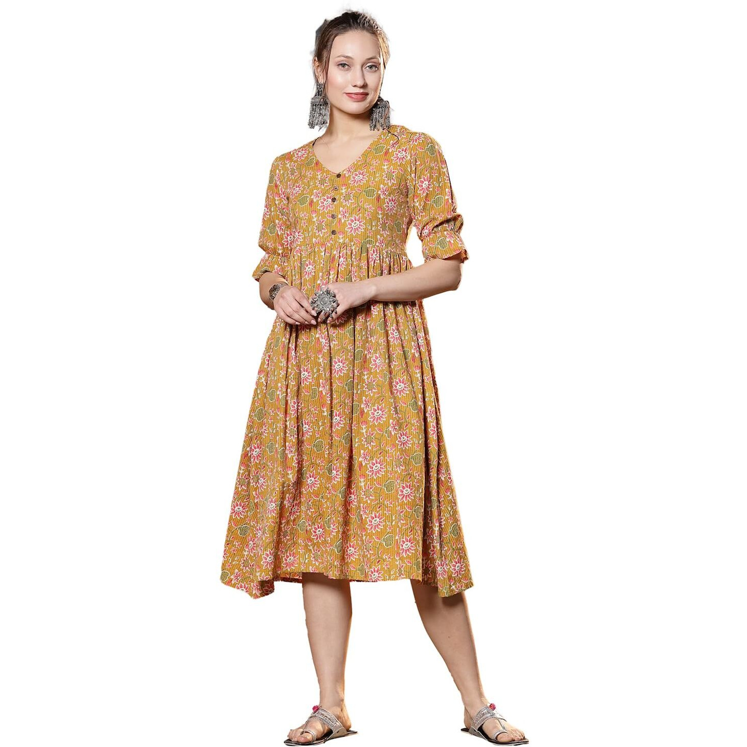 Stylum Women's Floral Printed Cotton A-Line Midi Dress (Drssiri38_Mustard, M)