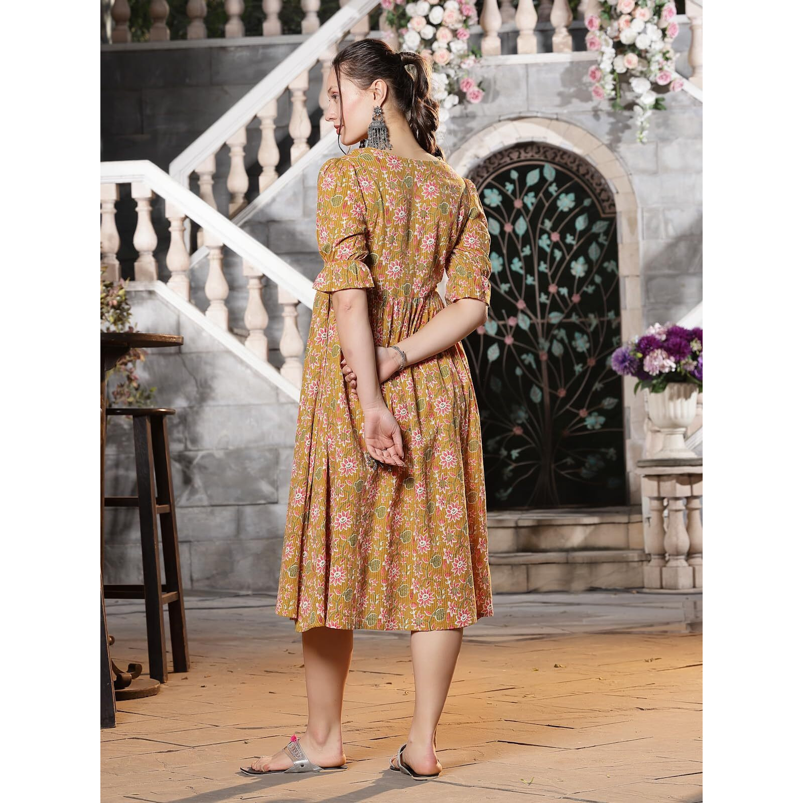 Stylum Women's Floral Printed Cotton A-Line Midi Dress (Drssiri38_Mustard, M)