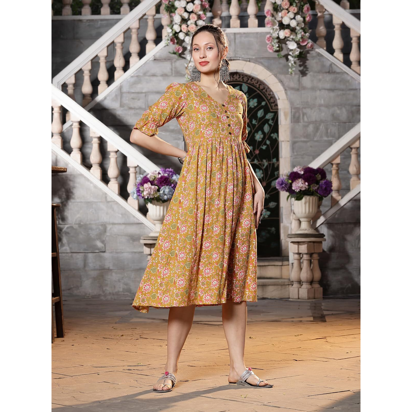 Stylum Women's Floral Printed Cotton A-Line Midi Dress (Drssiri38_Mustard, M)