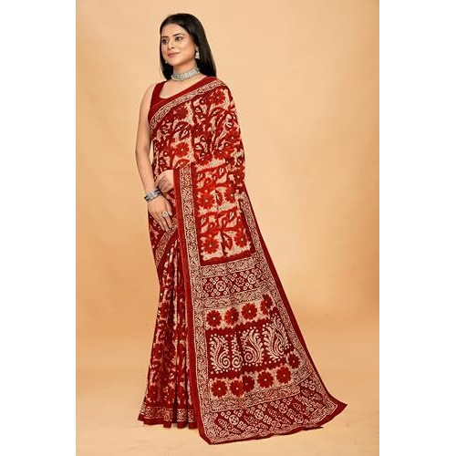 Tamaira Fashion Women's Floral Batik Printed Pure Cotton Mulmul Saree Without Blouse Piece(11588_Rust Orange)