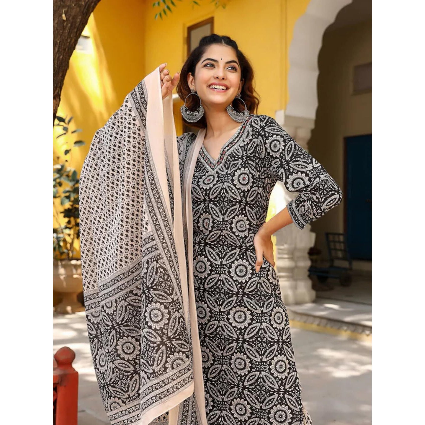 Tee Projekt Women's Cotton Blend V Neck Kurta Pant With Dupatta Set Ll Casual Wear Women Grey