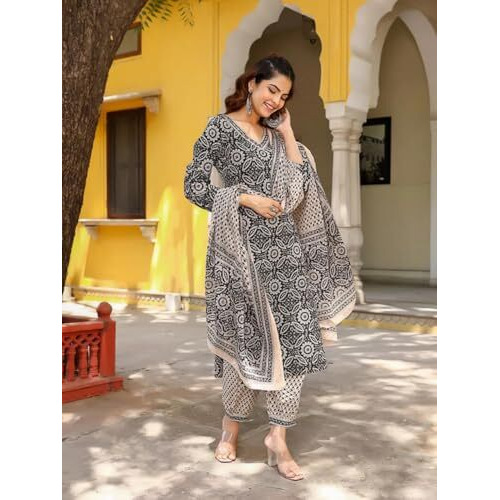 Tee Projekt Women's Cotton Blend V Neck Kurta Pant With Dupatta Set Ll Casual Wear Women Grey