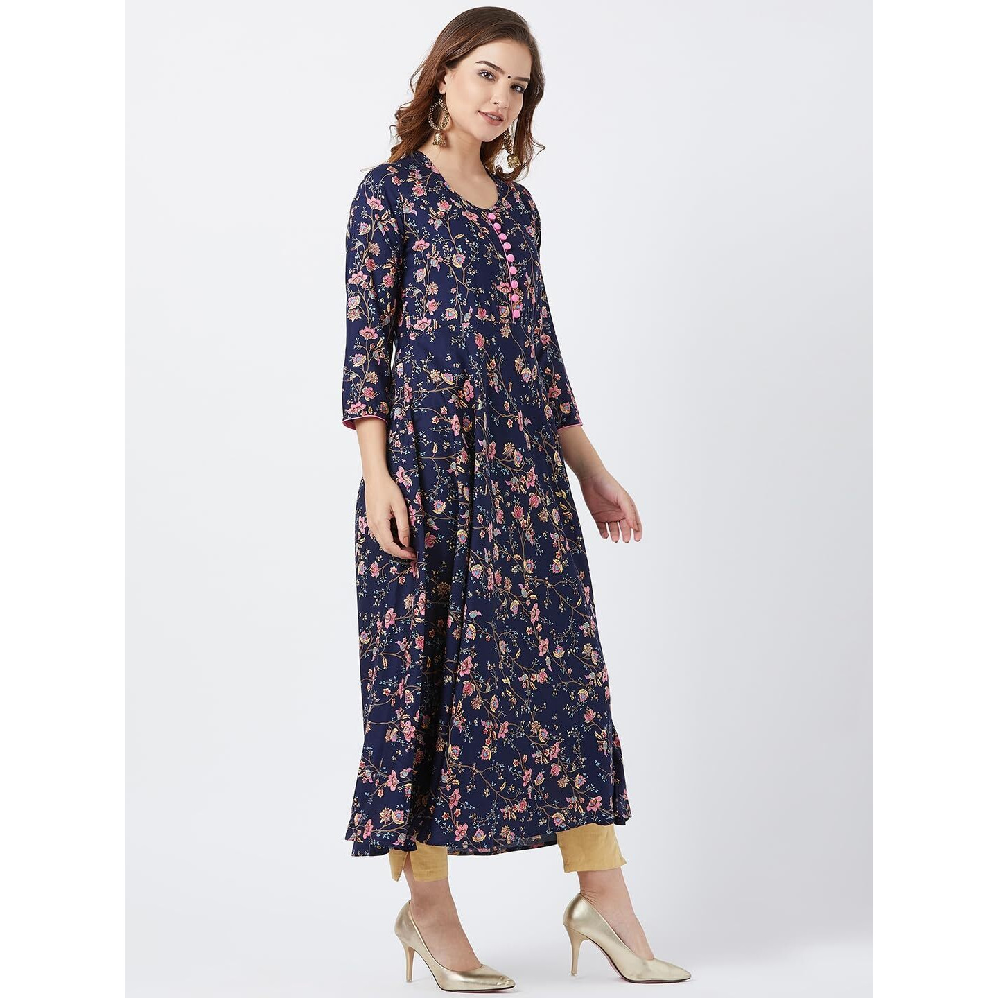 Tissu Women's Rayon Floral Printed Flared Kurta (Dark Blue S)