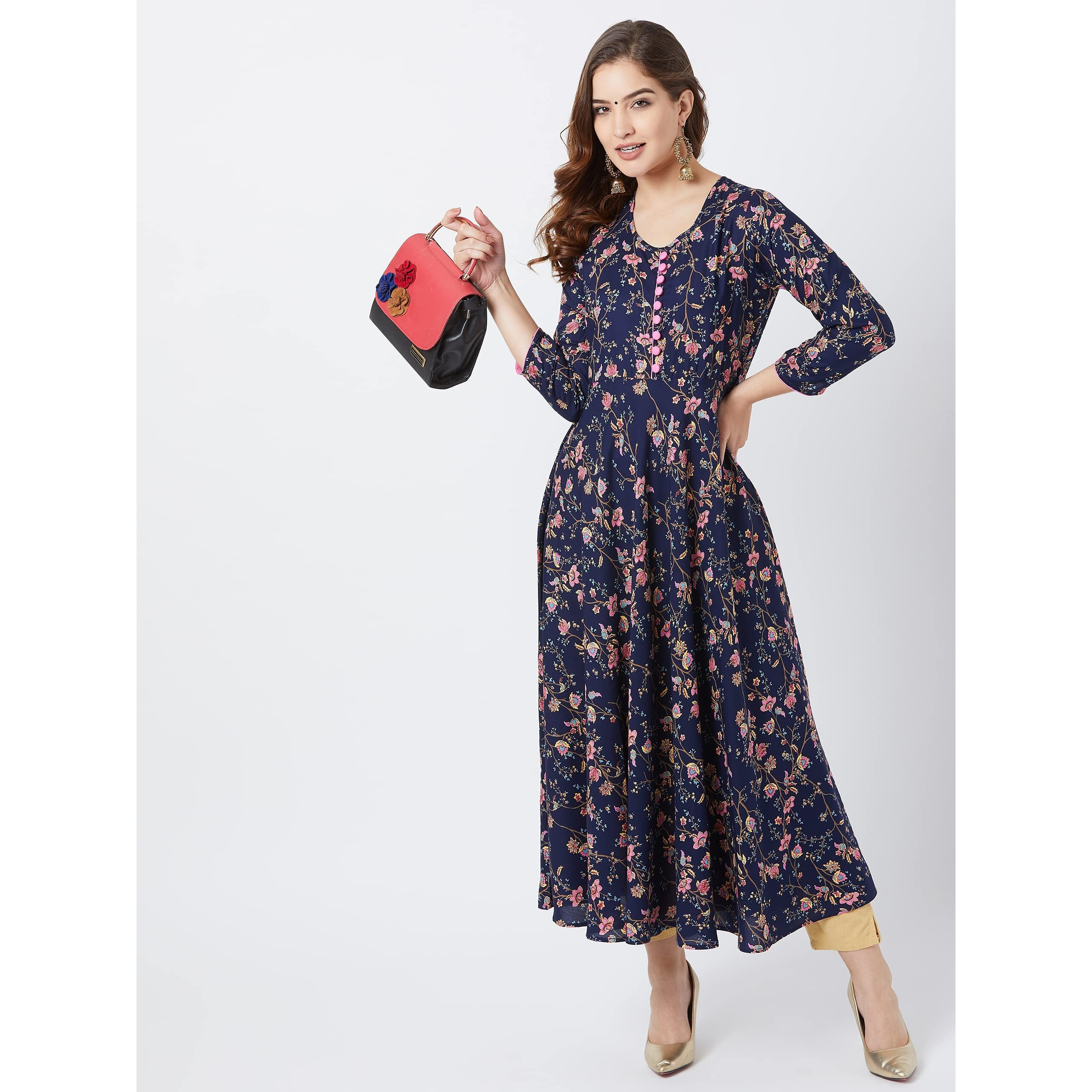 Tissu Women's Rayon Floral Printed Flared Kurta (Dark Blue S)