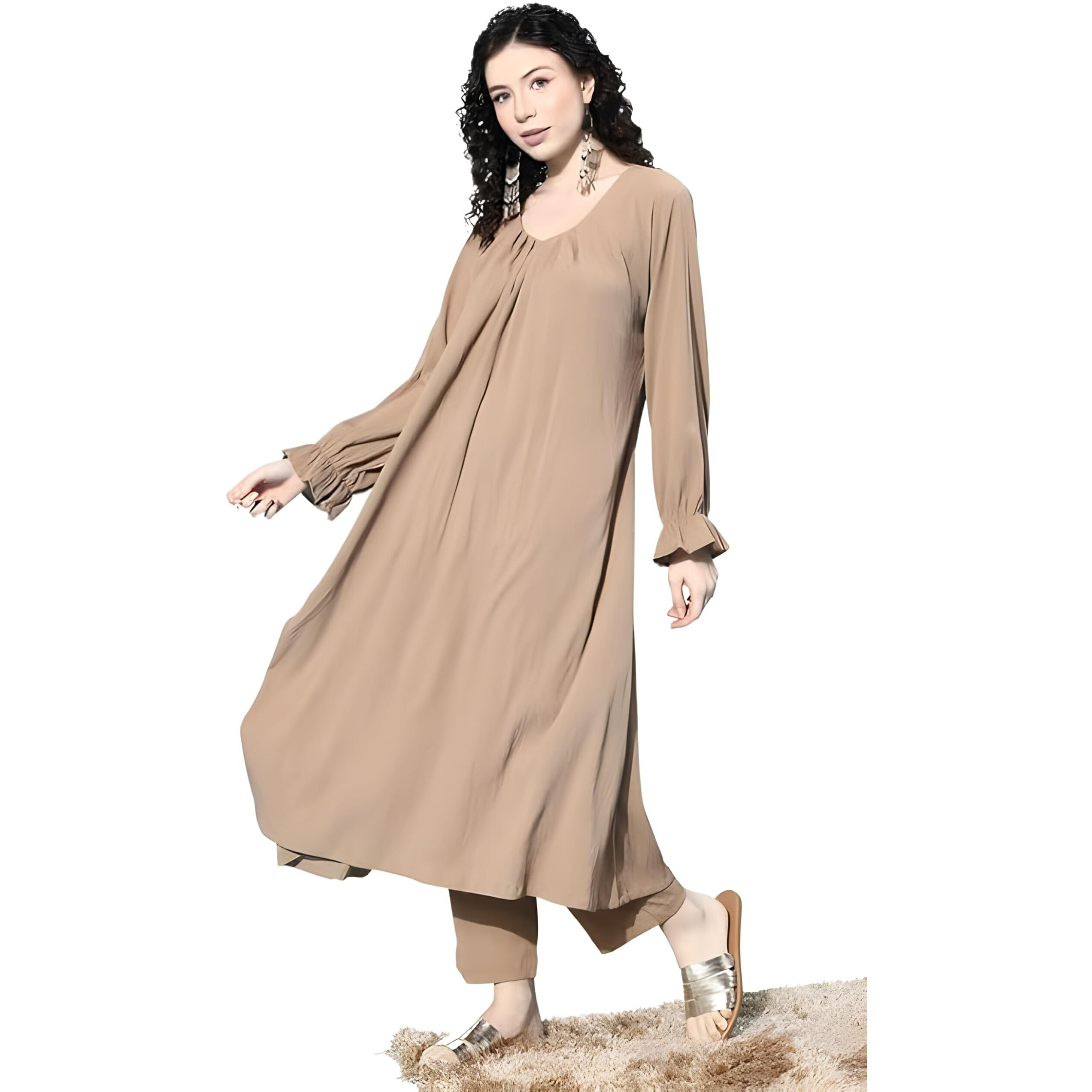 Varanga Women Beige Colour, Bishop Sleeve A-Line Kurta Paired With Tonal Bottom  Elegant & Comfortable Ethnic Wear For Women, Perfect For Casual & Festive Occasions