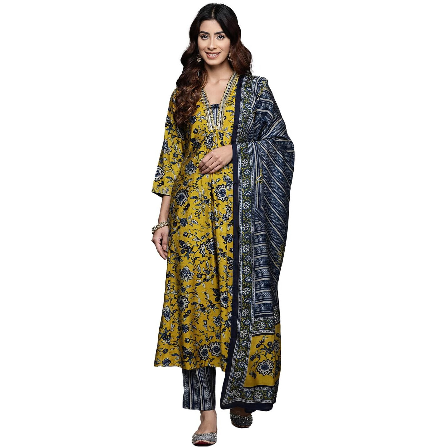 Varanga Women Mustard Floral Printed Embellished Kurta With Bottom And Dupatta  Elegant & Comfortable Ethnic Set For Women