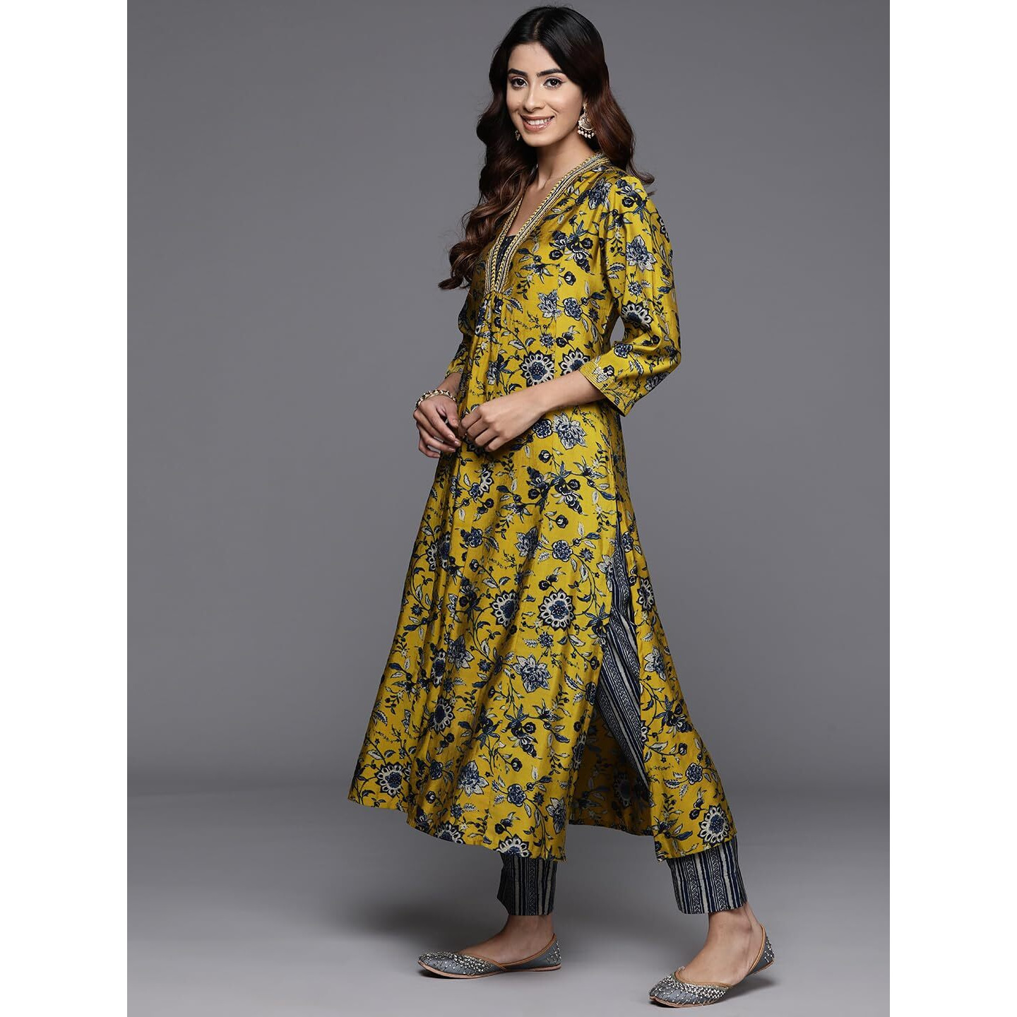 Varanga Women Mustard Floral Printed Embellished Kurta With Bottom And Dupatta  Elegant & Comfortable Ethnic Set For Women