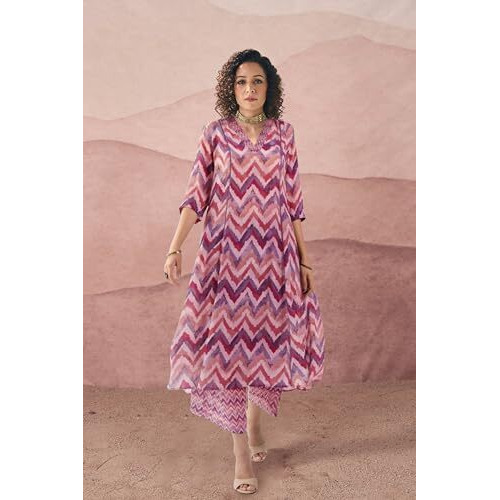 Toochki Dress For Women | Two Piece Dress For Women Long | Dress | Maxi Dress For Women | Dresses | Zig Zag Printed Dress | Cotton Dress For Women | Flared Dress | Dress With Palazzo For Womens Peach
