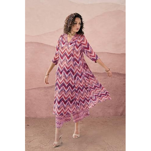 Toochki Dress For Women | Two Piece Dress For Women Long | Dress | Maxi Dress For Women | Dresses | Zig Zag Printed Dress | Cotton Dress For Women | Flared Dress | Dress With Palazzo For Womens Peach