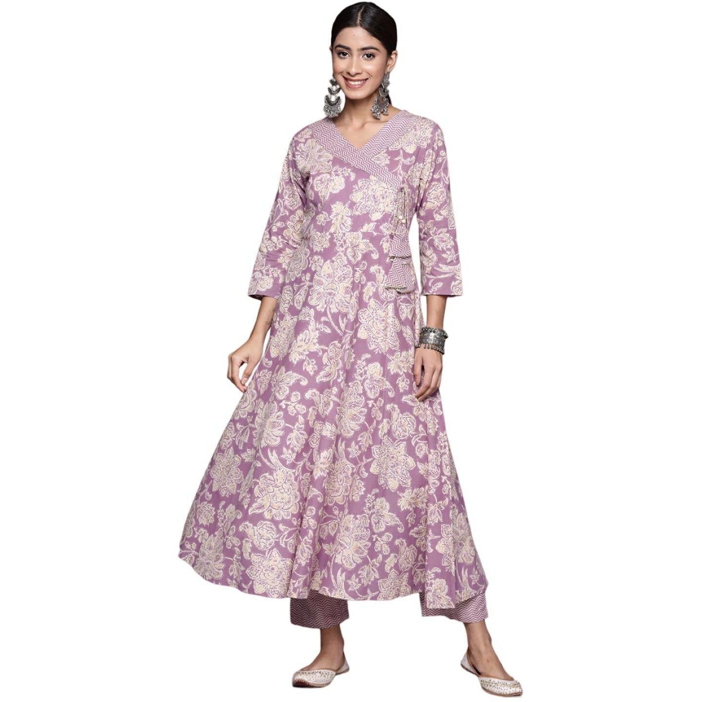 Varanga Women Purple Floral Printed Angrakha Style Anarkali Kurta Paired With Printed Bottom.