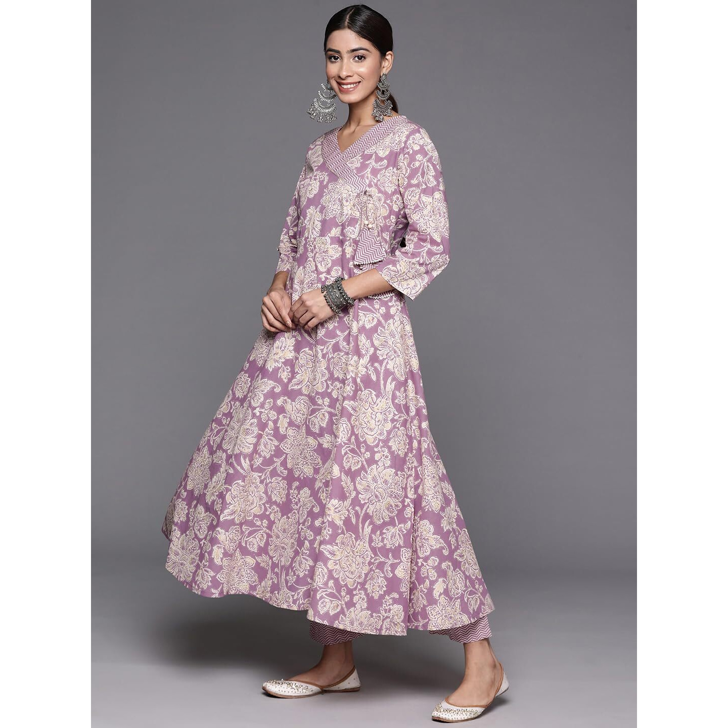 Varanga Women Purple Floral Printed Angrakha Style Anarkali Kurta Paired With Printed Bottom.