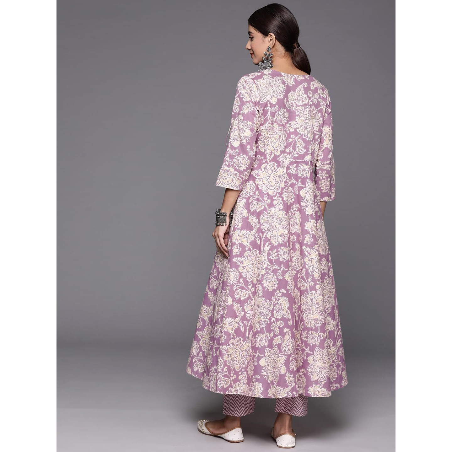 Varanga Women Purple Floral Printed Angrakha Style Anarkali Kurta Paired With Printed Bottom.