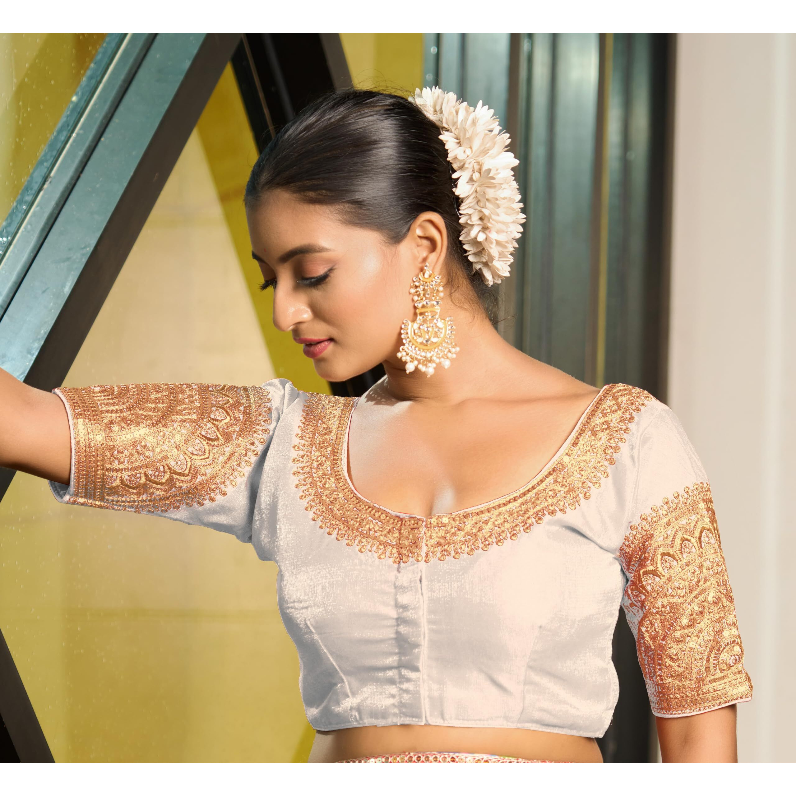 Vihu Fashion Women's Readymade Blouse Embroidery Multi Coding Dull Golden Sequence Work Indian Ethnic Designer Stitched Readymade Saree Half Sleeve White Blouse For Women For Saree Lehenga Choli