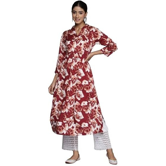 Varanga Maroon Floral Printed Mandarin Collar With Slit, Three Quarter Sleeves A-Line Kurta With Side Slits