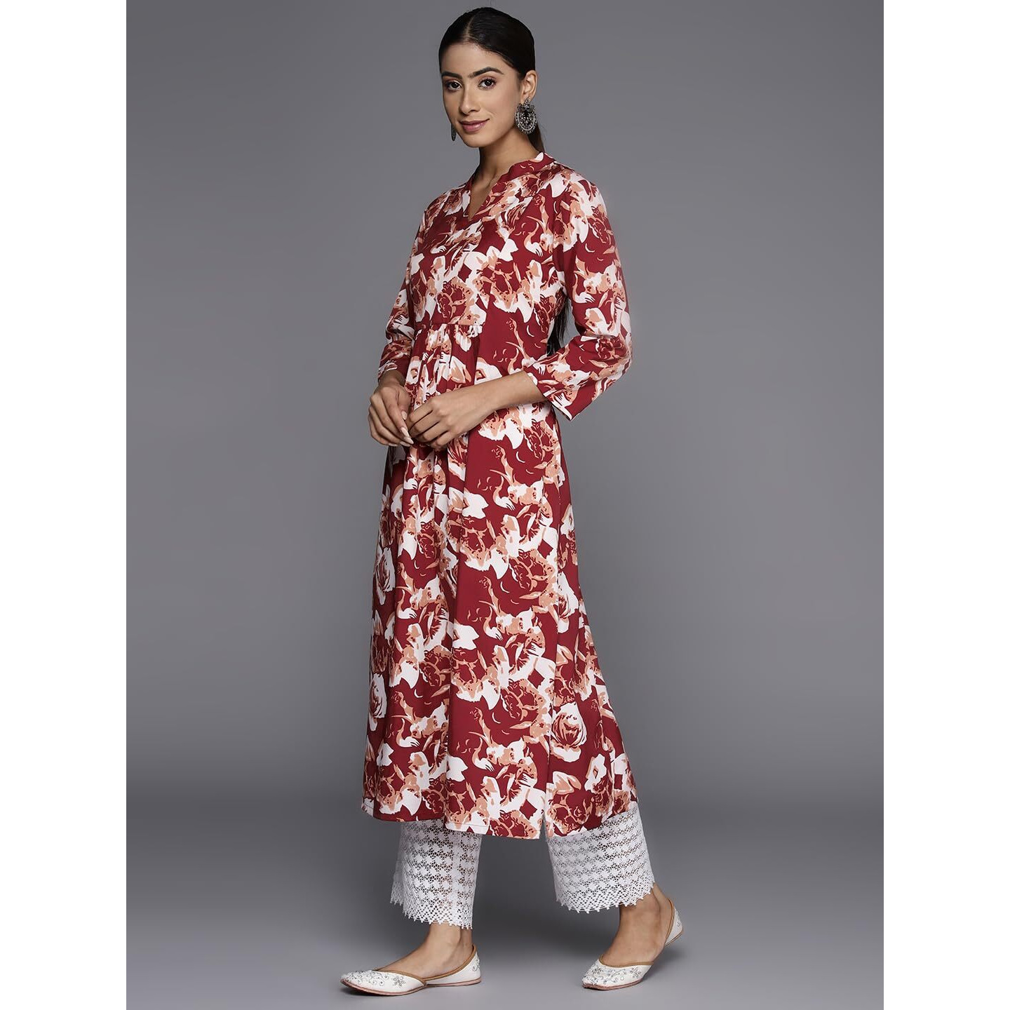 Varanga Maroon Floral Printed Mandarin Collar With Slit, Three Quarter Sleeves A-Line Kurta With Side Slits